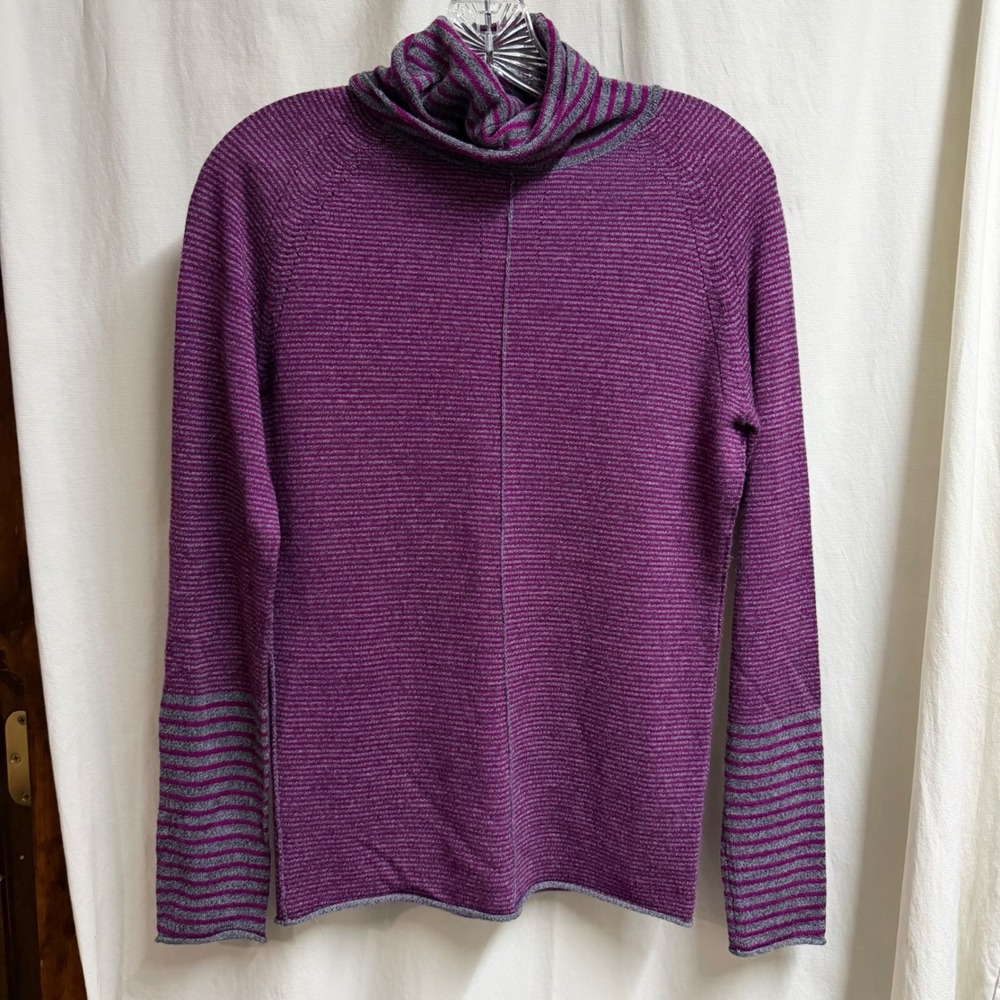 Krimson Klover Womens Purple Striped 100% Merino Wool Cowl Neck Sweater Size M